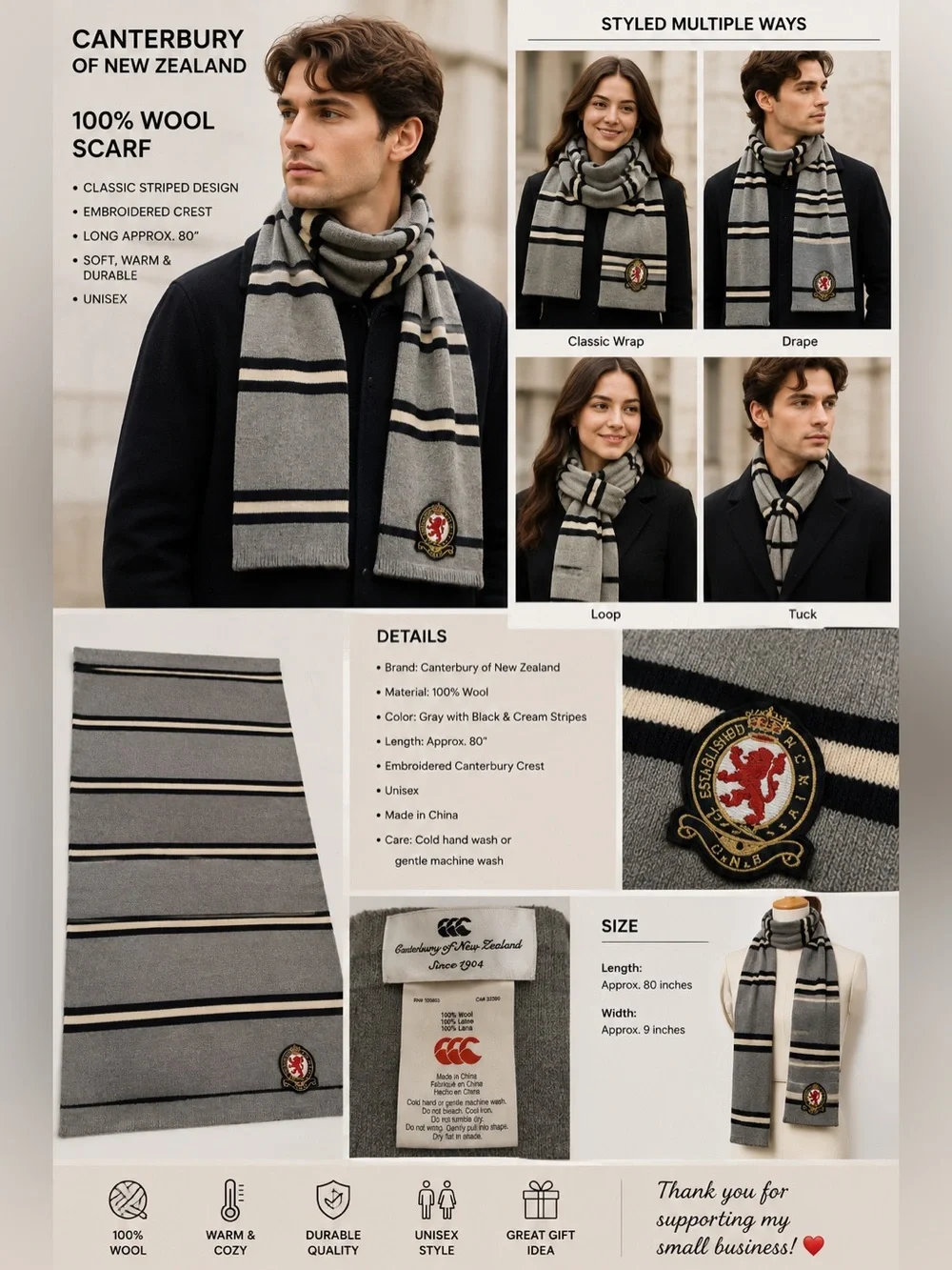 Canterbury of New Zealand 100% Wool Scarf Gray Black Cream Striped 80